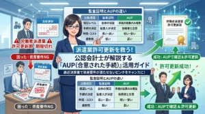 派遣業(労働者派遣事業)の許可更新で直近の決算書が資産要件を満たせない場合の解決策として、公認会計士がAUP(合意された手続)の活用法や監査証明との違いを解説するイラスト